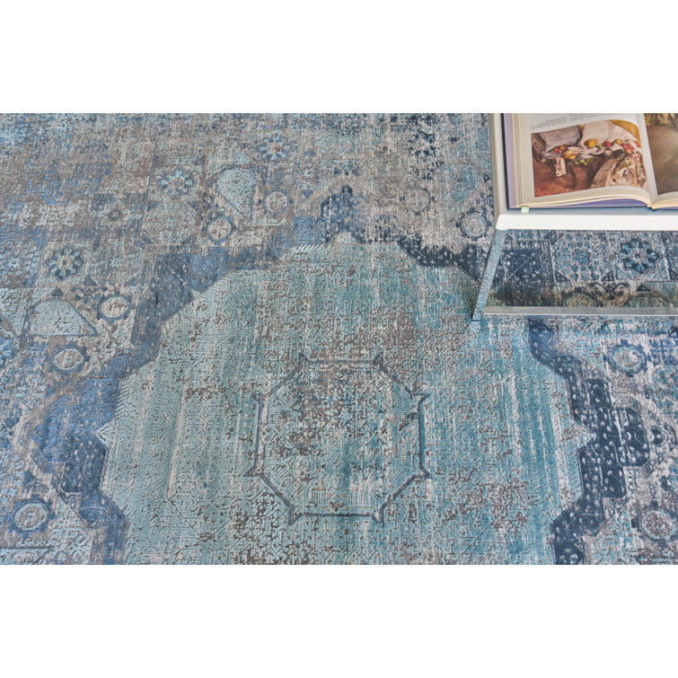 Ivory and Blue Viscose Rectangular Fringed Area Rug