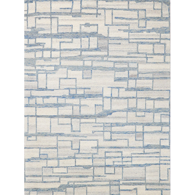 Ivory and Blue Hand-Tufted Wool Geometric Area Rug, 12' x 15'