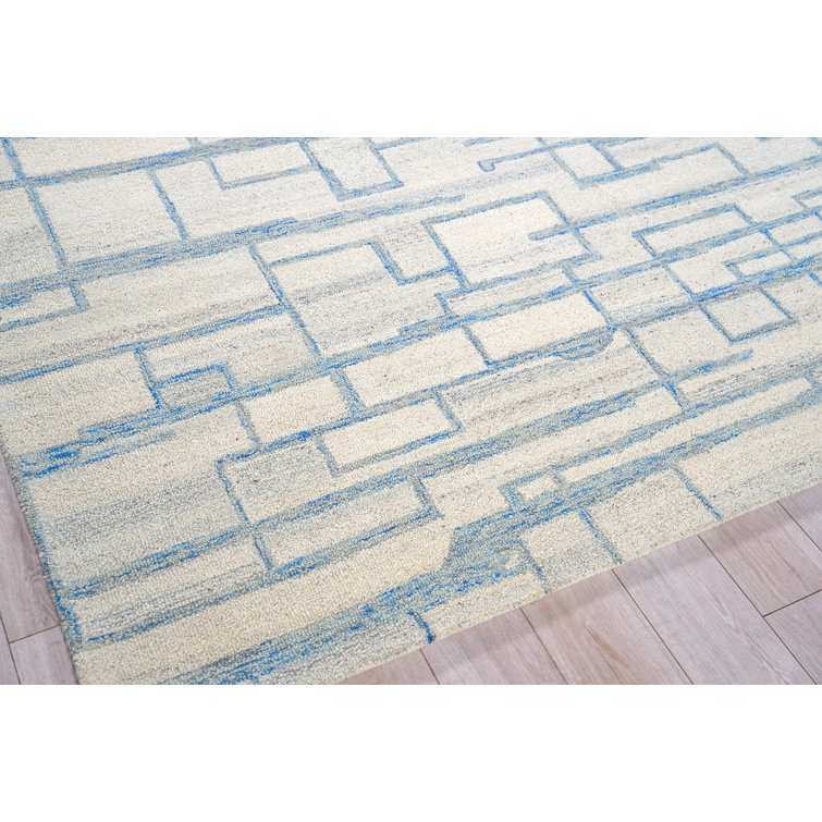 Ivory and Blue Hand-Tufted Wool Geometric Area Rug, 12' x 15'