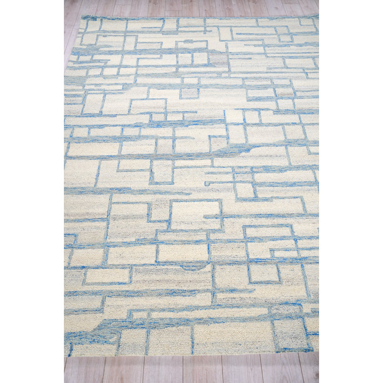 Ivory and Blue Hand-Tufted Wool Rectangular Area Rug 6' x 9'
