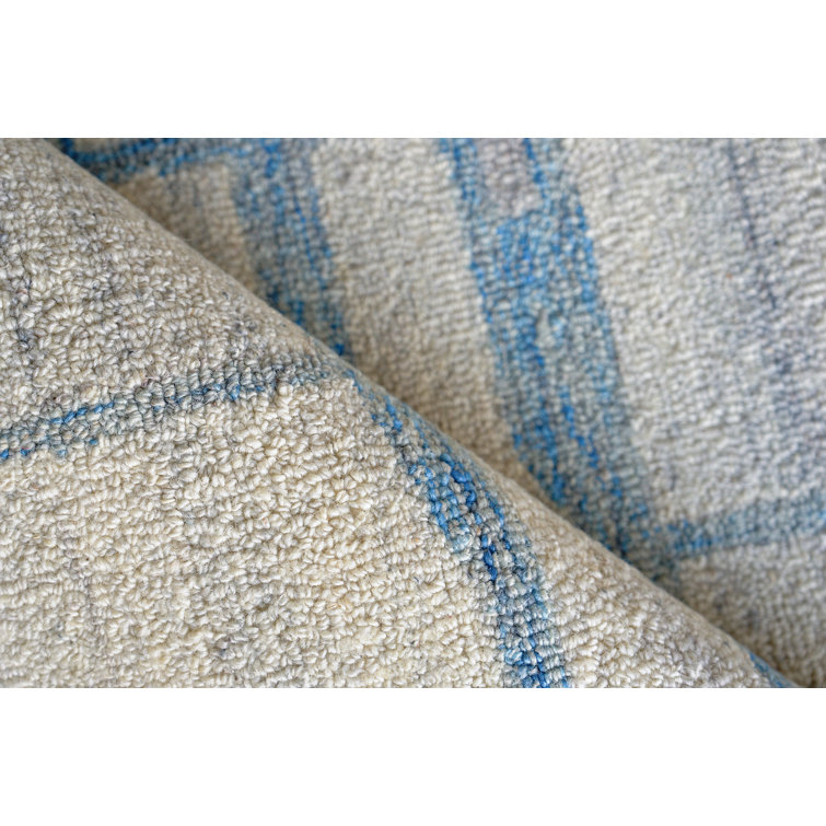 Ivory and Blue Hand-Tufted Wool Geometric Area Rug, 12' x 15'