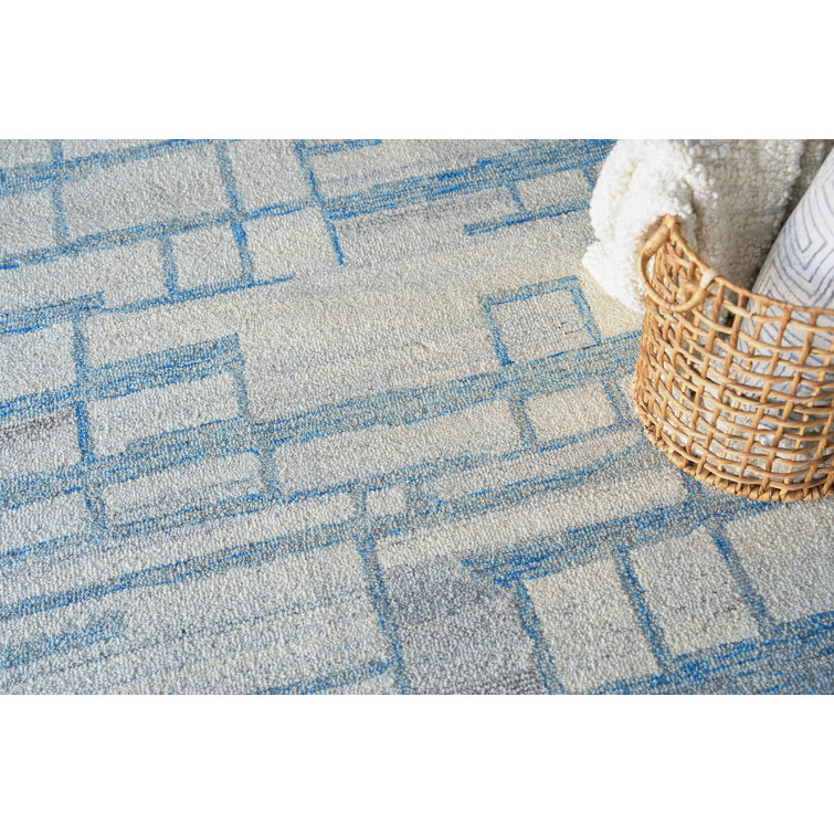 Ivory and Blue Hand-Tufted Wool Geometric Area Rug, 12' x 15'