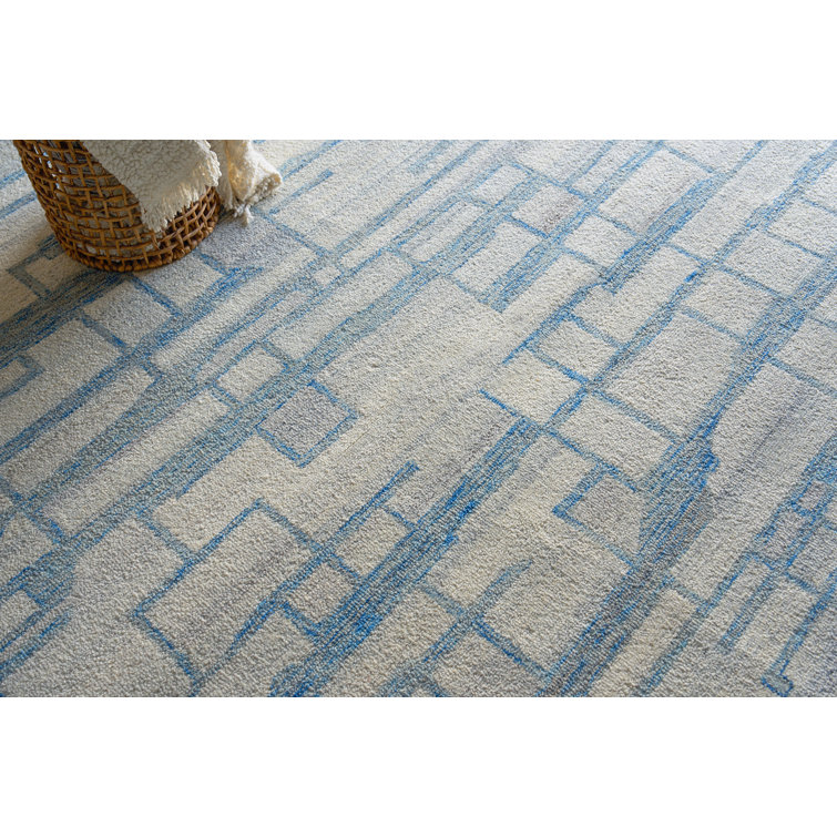 Ivory and Blue Hand-Tufted Wool Geometric Area Rug, 12' x 15'
