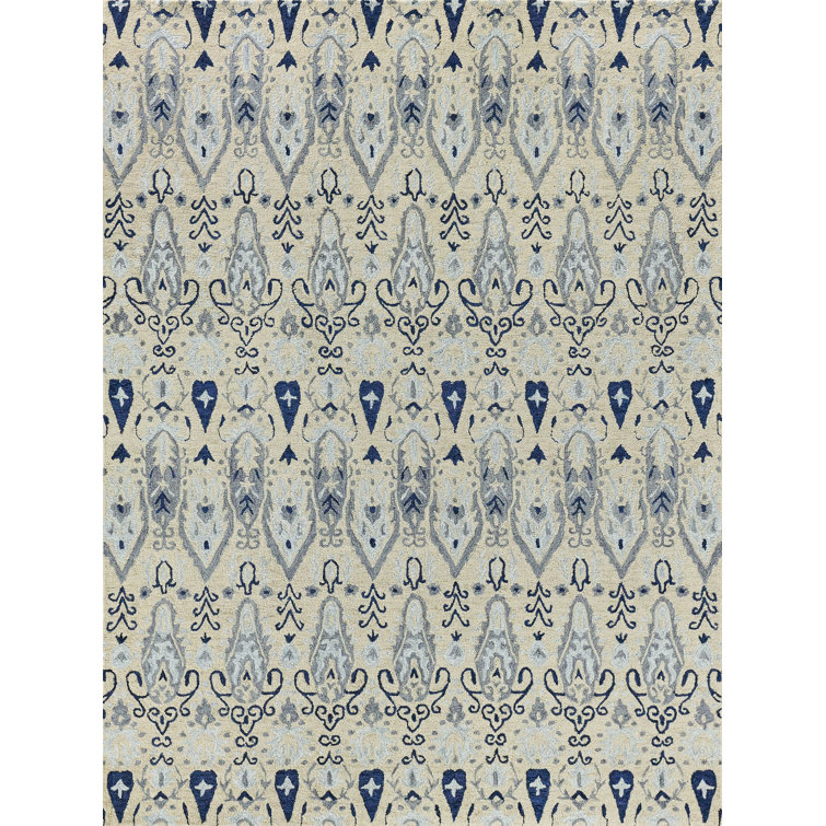 Ivory and Blue Hand-Tufted Wool Rectangular Area Rug 8' x 10'