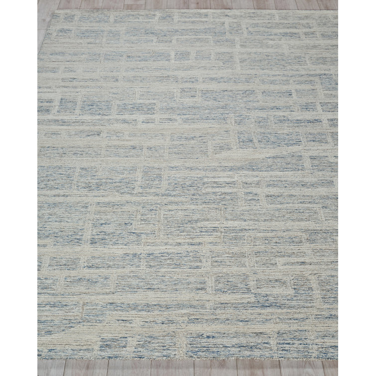 Ivory and Blue Handmade Wool Tufted Rectangular Area Rug