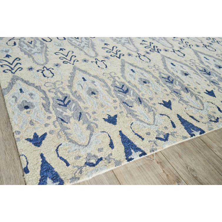 Ivory and Blue Hand-Tufted Wool Rectangular Area Rug 8' x 10'