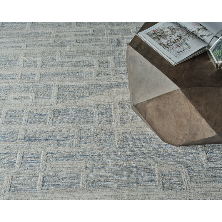 Ivory and Blue Handmade Wool Tufted Rectangular Area Rug