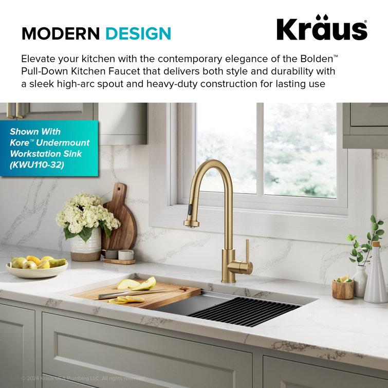 Brushed Brass Pull Down Kitchen Faucet with Spray