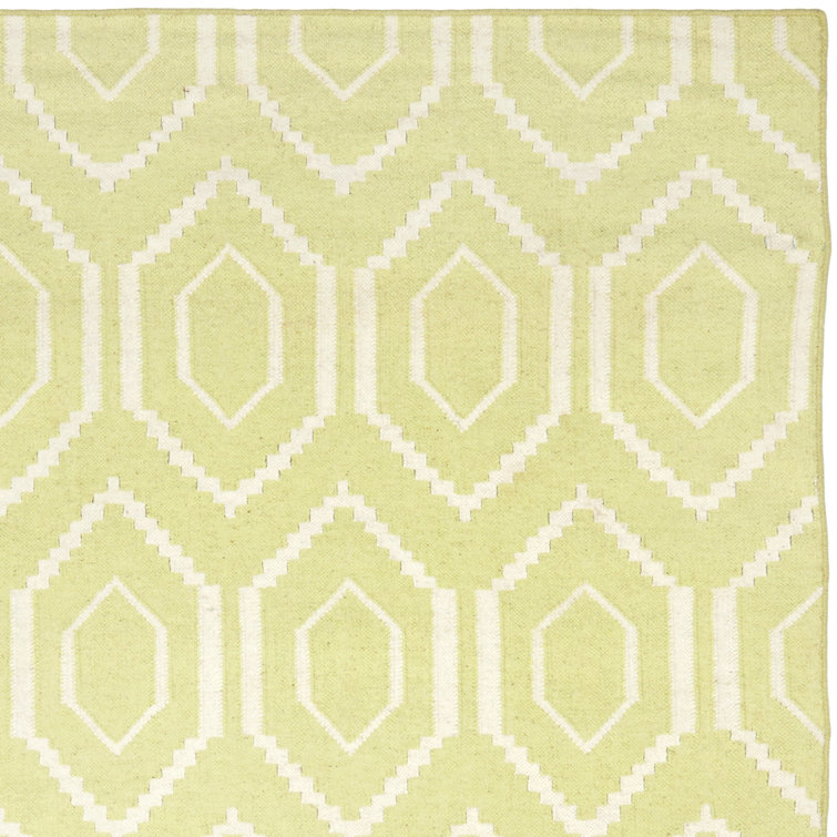 Ivory and Green Geometric Wool Square Rug, 6' x 6'