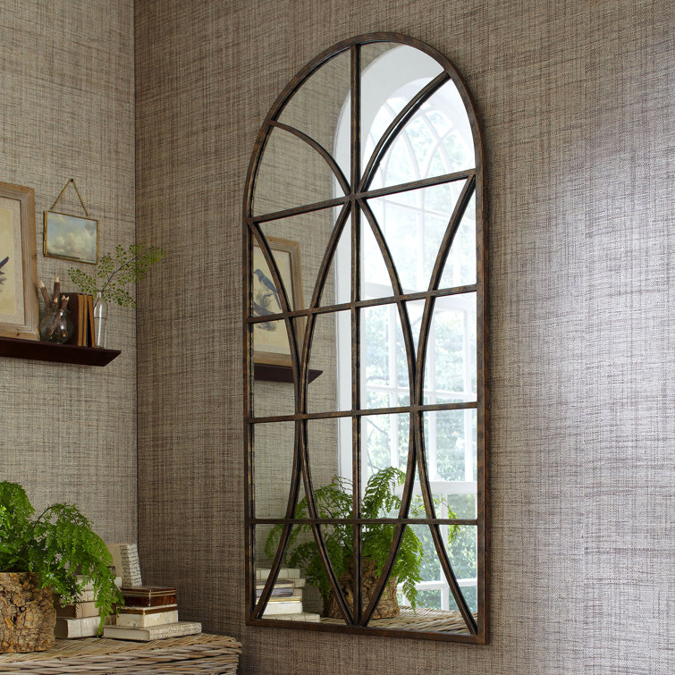 Elegant Arched Top Aged Gold Wall Mirror with Intricate Overlay