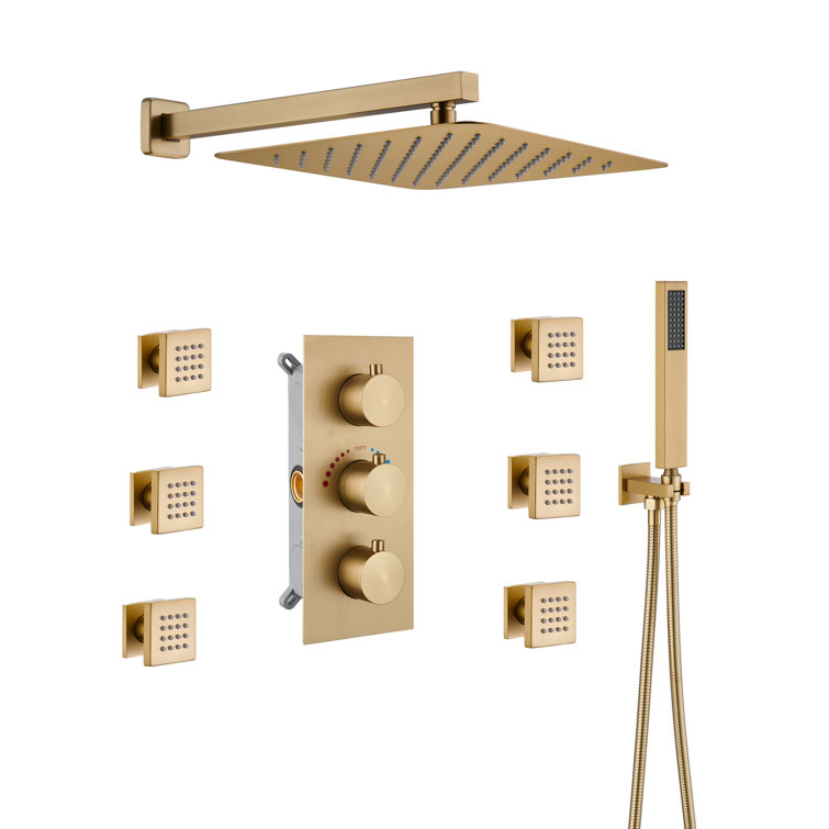 Brushed Gold Dual Square Wall Mounted Shower System with Body Jets