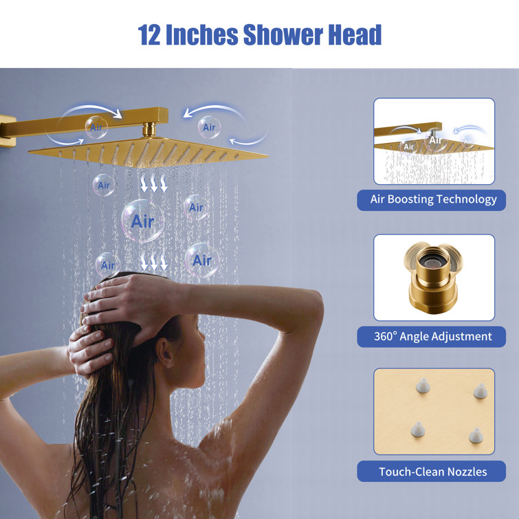 Brushed Gold Dual Square Wall Mounted Shower System with Body Jets