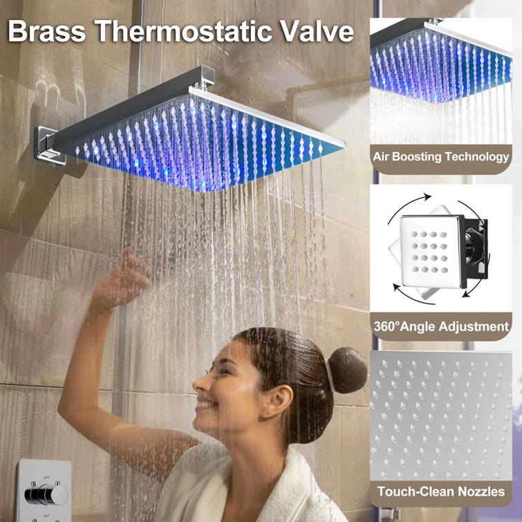 12 Inch Chrome LED Wall Mounted Rain Shower System with Handheld and Body Jets
