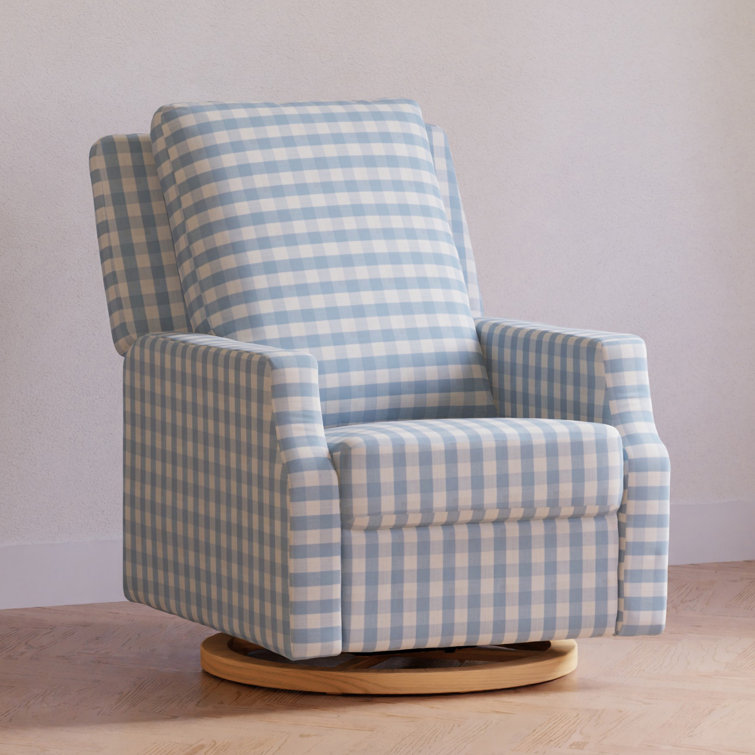 Blue Gingham Velvet Swivel Recliner with Light Wood Base