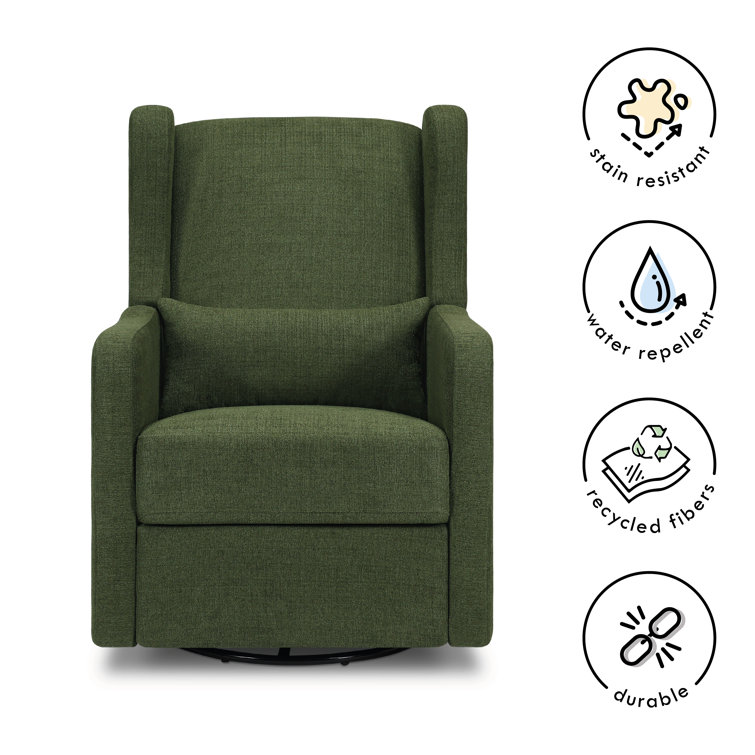 Forest Green Linen Swivel Recliner with Wood Base