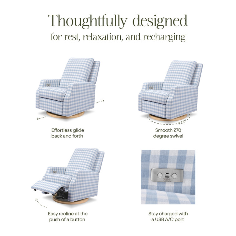 Blue Gingham Velvet Swivel Recliner with Light Wood Base