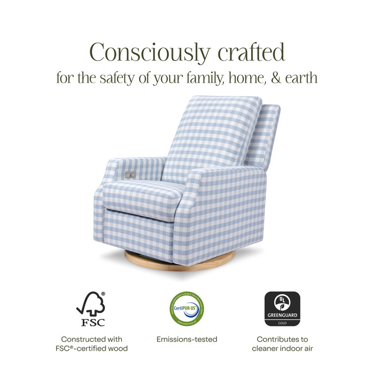 Blue Gingham Velvet Swivel Recliner with Light Wood Base