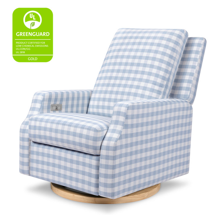 Blue Gingham Velvet Swivel Recliner with Light Wood Base