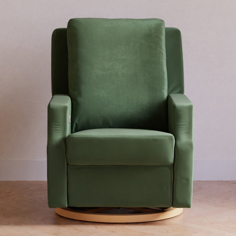 Forest Green Velvet Swivel Recliner with Light Wood Base