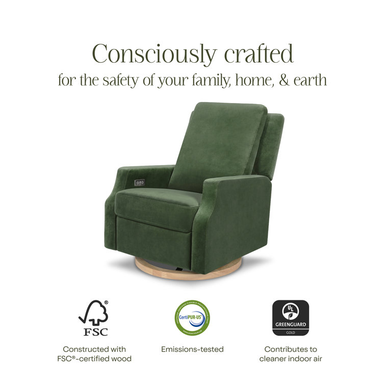 Forest Green Velvet Swivel Recliner with Light Wood Base