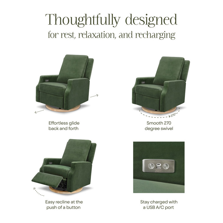 Forest Green Velvet Swivel Recliner with Light Wood Base