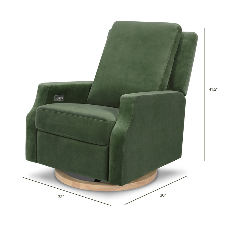 Forest Green Velvet Swivel Recliner with Light Wood Base