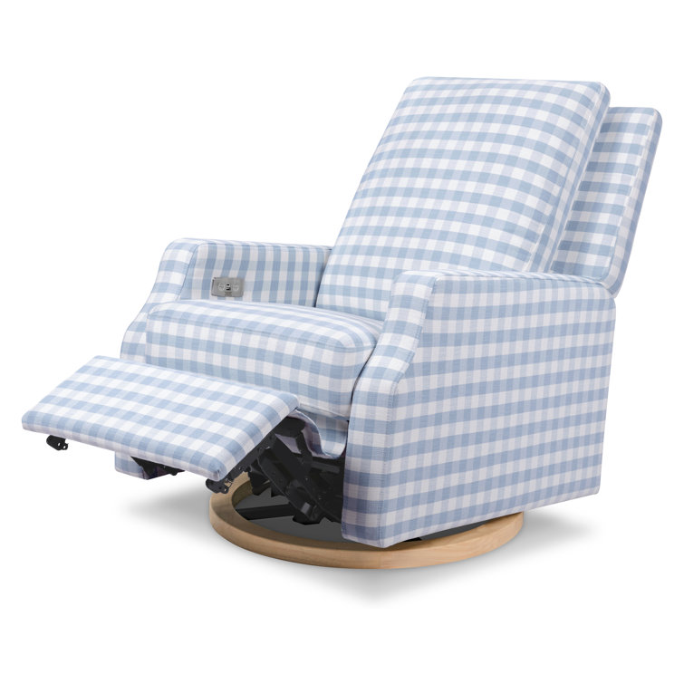 Blue Gingham Velvet Swivel Recliner with Light Wood Base