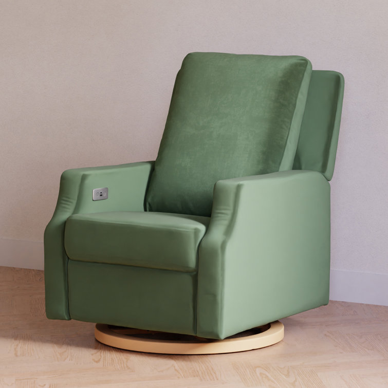 Forest Green Velvet Swivel Recliner with Light Wood Base