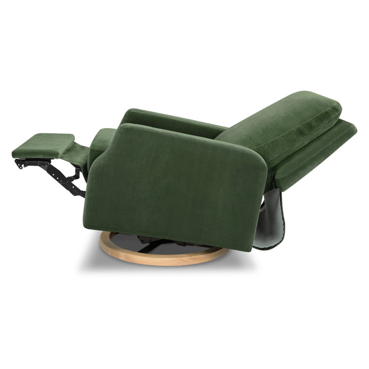 Forest Green Velvet Swivel Recliner with Light Wood Base