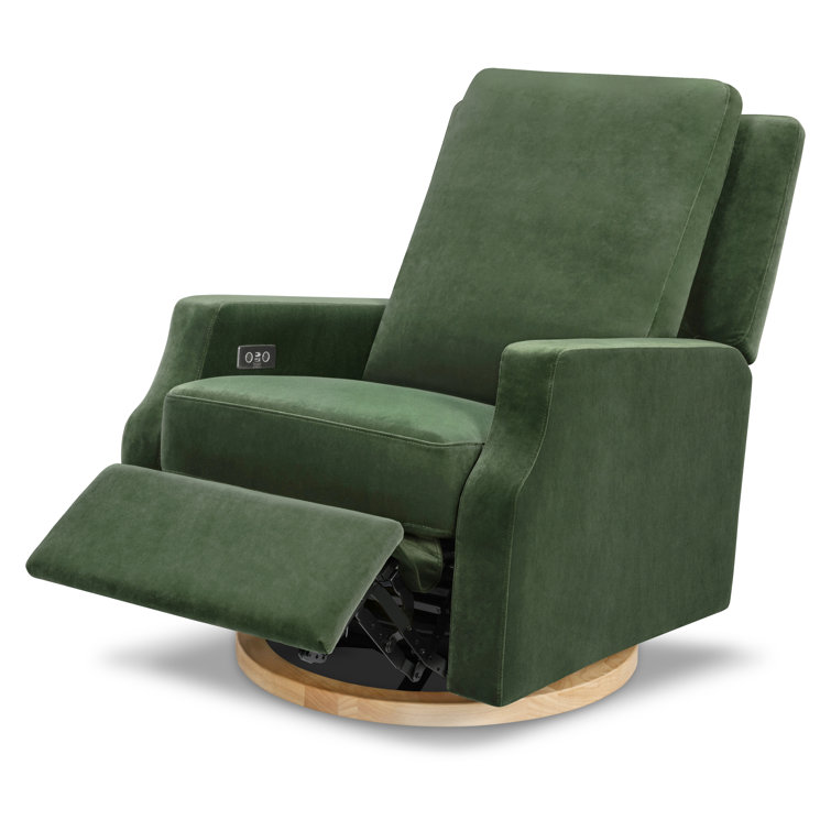 Forest Green Velvet Swivel Recliner with Light Wood Base