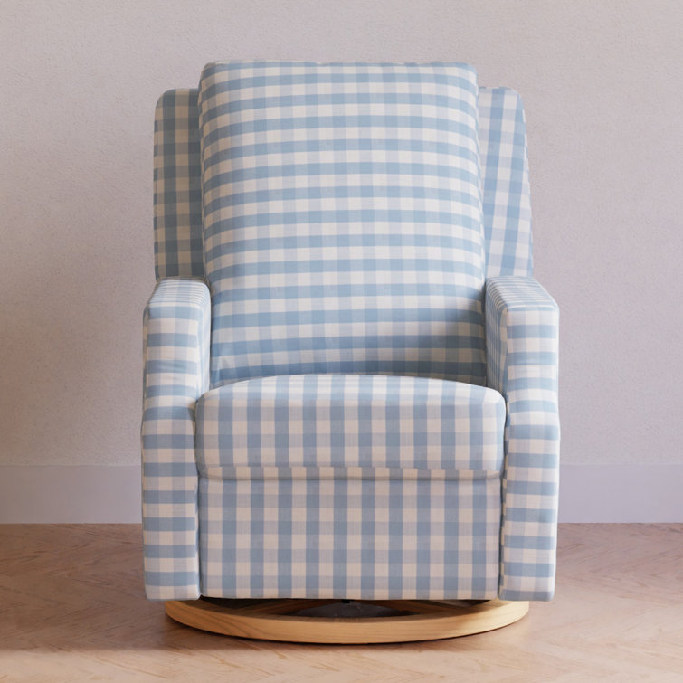 Blue Gingham Velvet Swivel Recliner with Light Wood Base