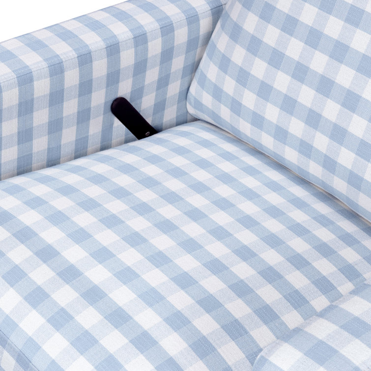 Blue Gingham Velvet Swivel Recliner with Light Wood Base