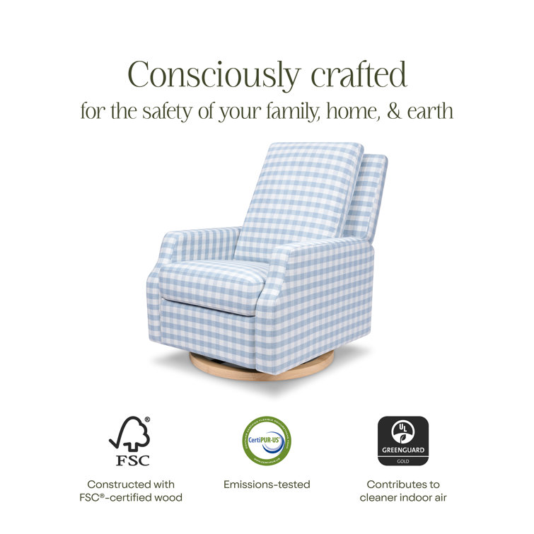 Blue Gingham Velvet Swivel Recliner with Light Wood Base