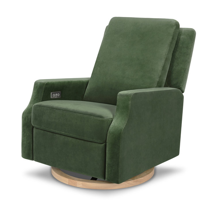 Forest Green Velvet Swivel Recliner with Light Wood Base