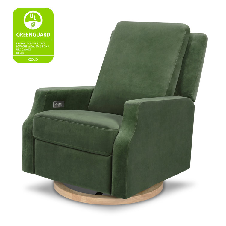 Forest Green Velvet Swivel Recliner with Light Wood Base