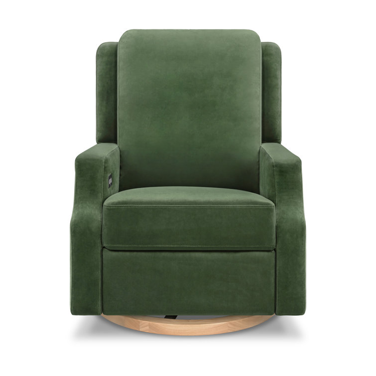 Forest Green Velvet Swivel Recliner with Light Wood Base