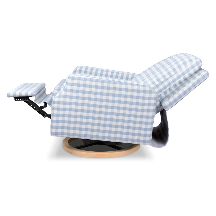 Blue Gingham Velvet Swivel Recliner with Light Wood Base