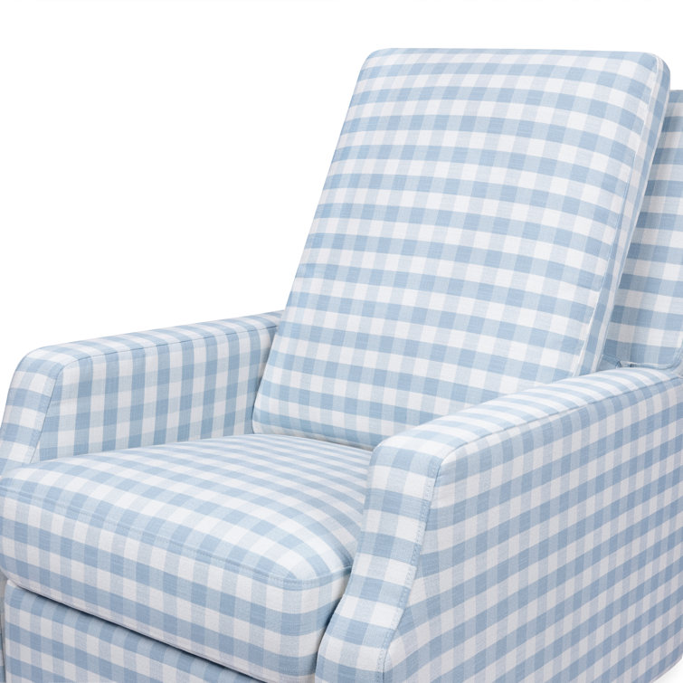 Blue Gingham Velvet Swivel Recliner with Light Wood Base