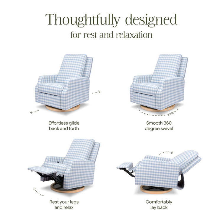 Blue Gingham Velvet Swivel Recliner with Light Wood Base