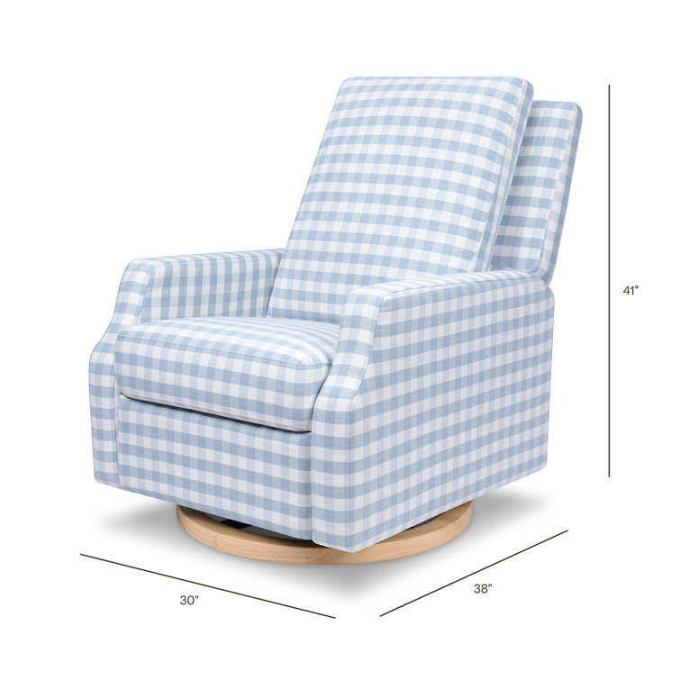 Blue Gingham Velvet Swivel Recliner with Light Wood Base