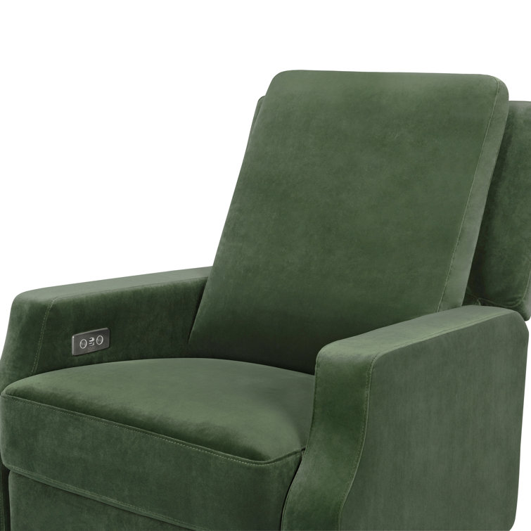 Forest Green Velvet Swivel Recliner with Light Wood Base