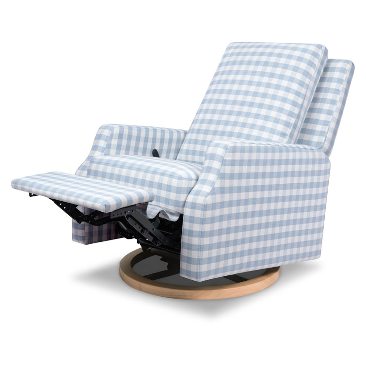 Blue Gingham Velvet Swivel Recliner with Light Wood Base