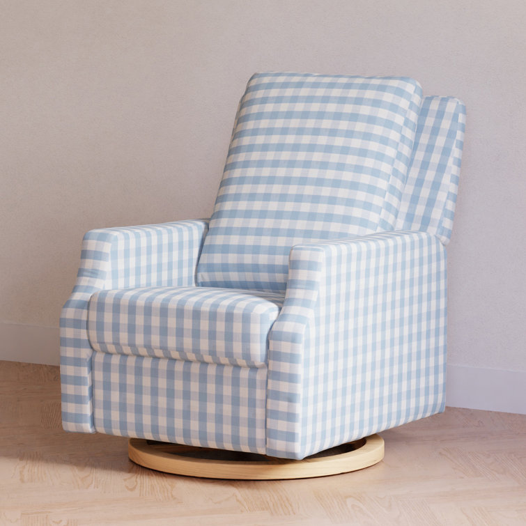 Blue Gingham Velvet Swivel Recliner with Light Wood Base