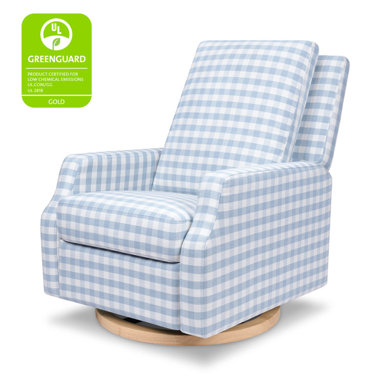 Blue Gingham Velvet Swivel Recliner with Light Wood Base