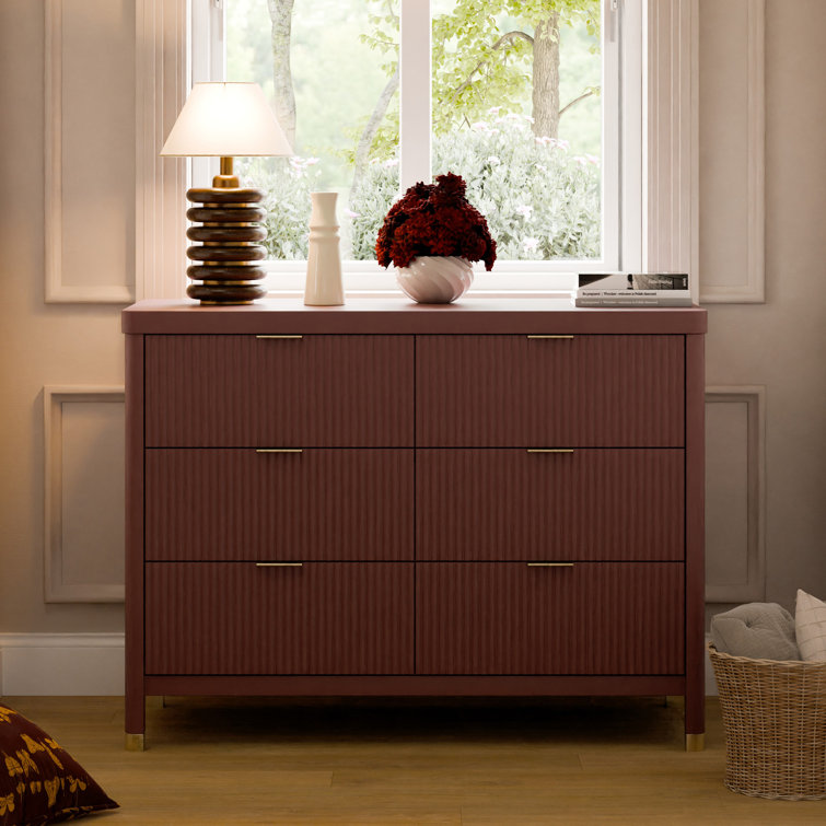 Crimson 6-Drawer Tambour Dresser with Gold Accents