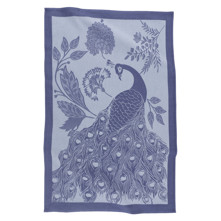 Set of 2 Blue Jacquard Kitchen Towels with Peacock Design
