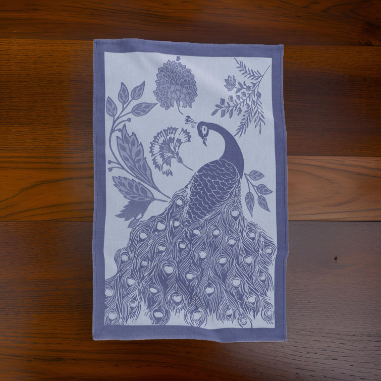 Set of 2 Blue Jacquard Kitchen Towels with Peacock Design