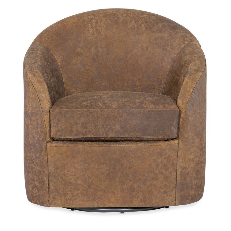 Brown Leather Barrel Swivel Chair with Manufactured Wood