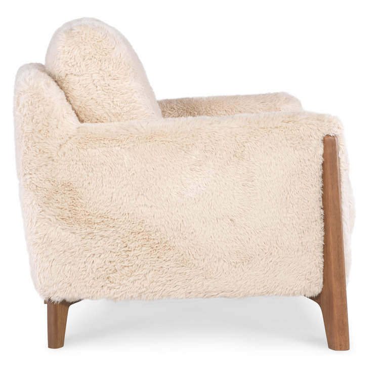 Beige Faux Fur and Wood Accent Chair