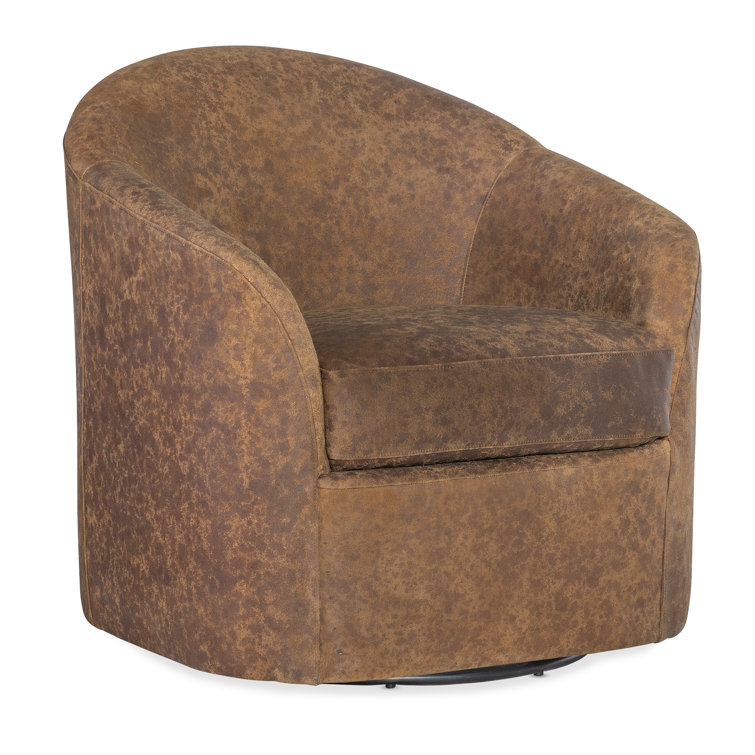 Brown Leather Barrel Swivel Chair with Manufactured Wood